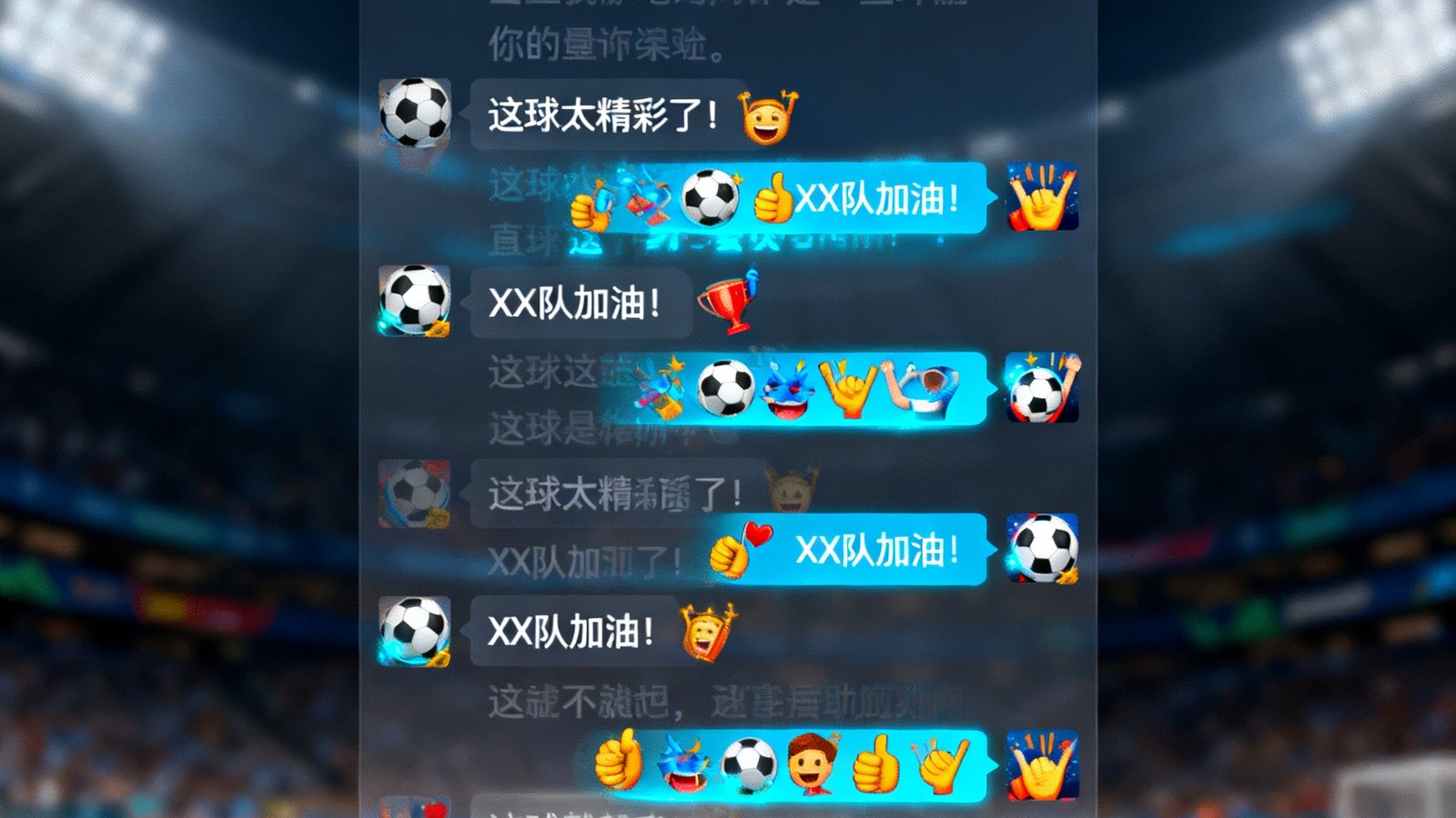 比赛直播间内的实时聊天室界面，消息快速滚动，球迷们通过文字和表情包热烈讨论比赛进程